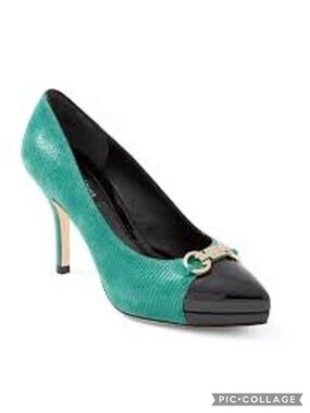 WHBM Samantha Pumps Green Colorblock Patent Leather Embossed Heels 8.5